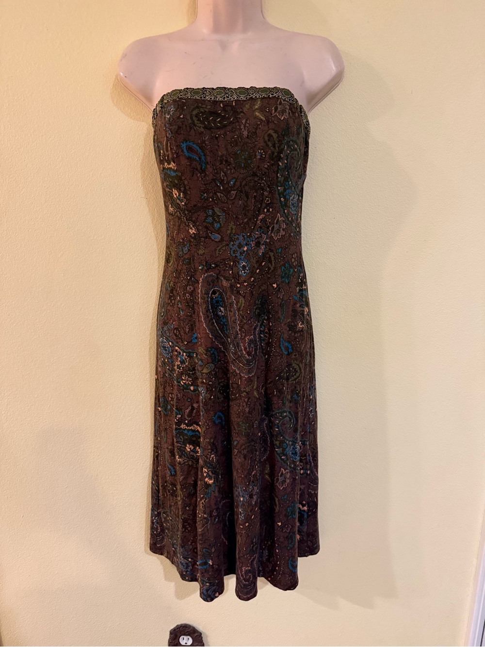 Betsey Johnson Strapless Paisley Dress in Brown and Teal black label size small